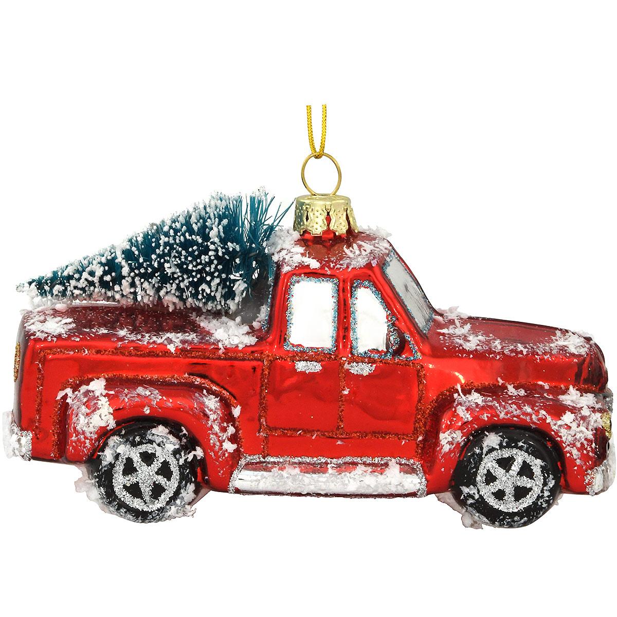 Red Truck With Christmas Tree Glass Ornament